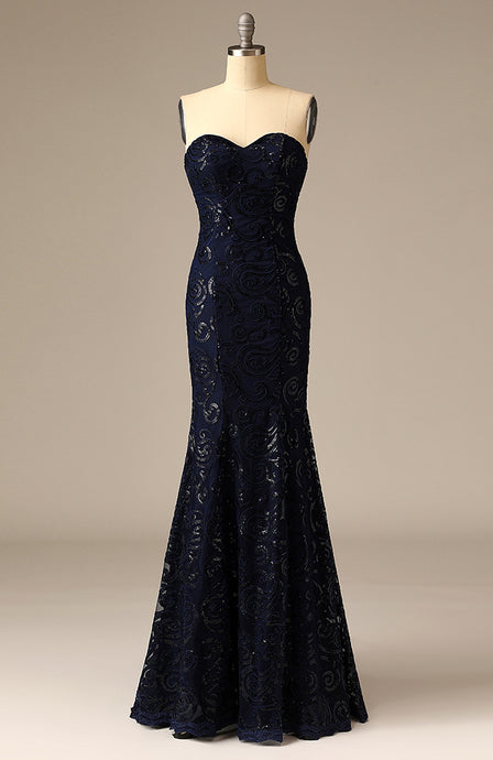 Elegant Long Navy Embroidery Strapless Mermaid Evening Dress