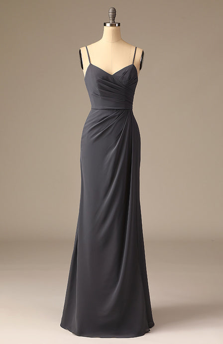 Elegant Long Spaghetti Strap Sheath Gray Chiffon Bridesmaid Dress for Wedding