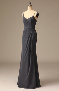 Elegant Long Spaghetti Strap Sheath Gray Chiffon Bridesmaid Dress for Wedding