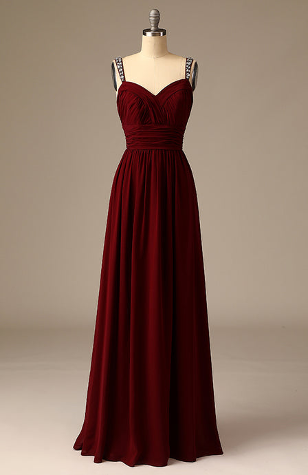 A-Line Spaghetti Strap Maroon Chiffon Bridesmaid Dress with Beading