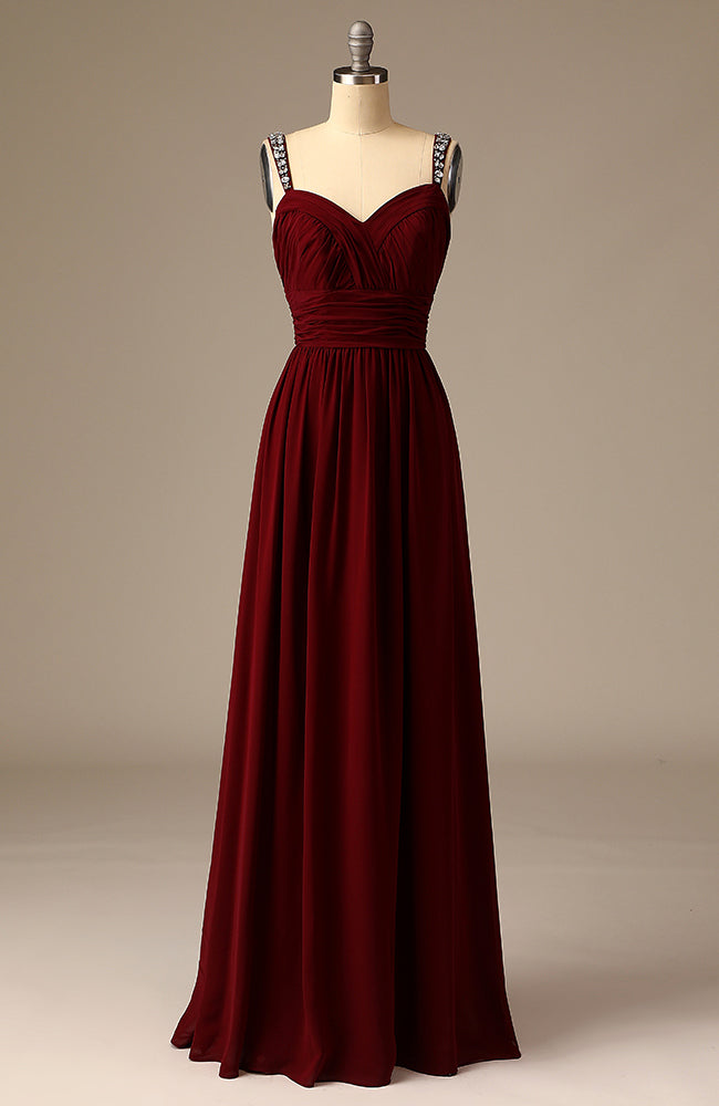 A-Line Spaghetti Strap Maroon Chiffon Bridesmaid Dress with Beading