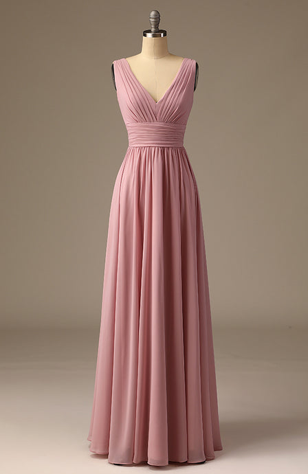 Simple Long V-Neck A-Line Blush Chiffon Wedding Bridesmaid Dress