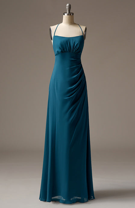 Long Halter Neck Turquoise Chiffon Sheath Bridesmaid Dress