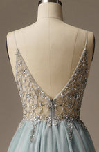 Load image into Gallery viewer, Light Blue A-line Beaded Spaghetti Strap Evening Dress for Young Lady