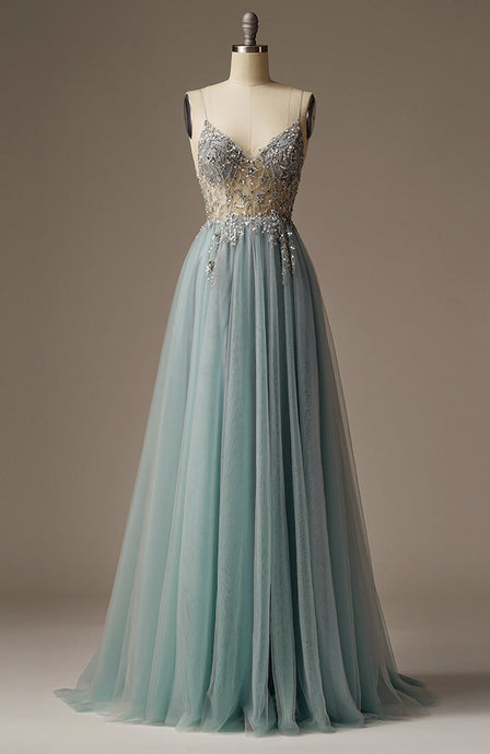 Light Blue A-line Beaded Spaghetti Strap Evening Dress for Young Lady