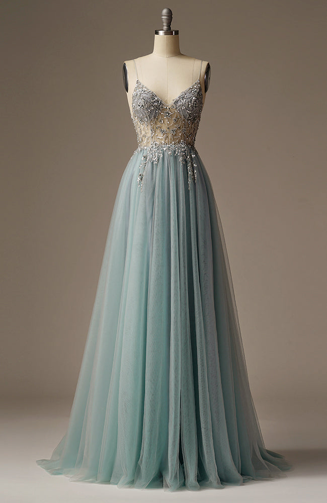 Light Blue A-line Beaded Spaghetti Strap Evening Dress for Young Lady