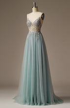 Load image into Gallery viewer, Light Blue A-line Beaded Spaghetti Strap Evening Dress for Young Lady