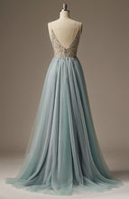 Load image into Gallery viewer, Light Blue A-line Beaded Spaghetti Strap Evening Dress for Young Lady