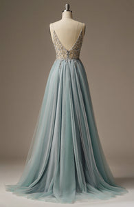 Light Blue A-line Beaded Spaghetti Strap Evening Dress for Young Lady