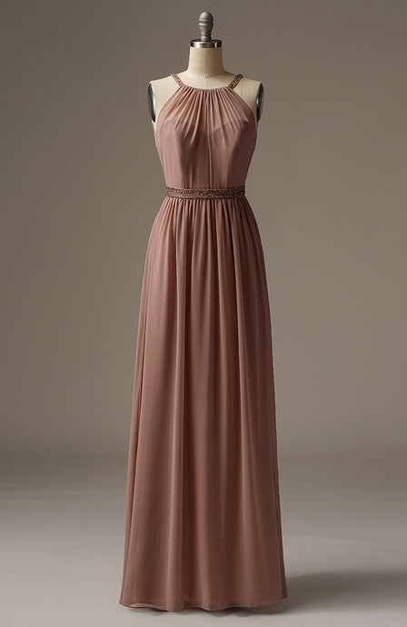 Long A-Line Beaded Sash Halter Neck Blush Chiffon Wedding Bridesmaid Dress