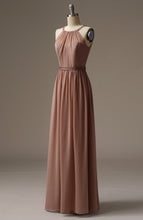 Load image into Gallery viewer, Long A-Line Beaded Sash Halter Neck Blush Chiffon Wedding Bridesmaid Dress