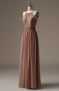Long A-Line Beaded Sash Halter Neck Blush Chiffon Wedding Bridesmaid Dress