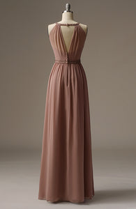 Long A-Line Beaded Sash Halter Neck Blush Chiffon Wedding Bridesmaid Dress