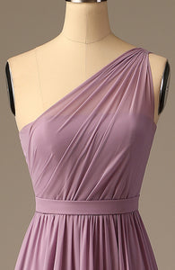 Long One-Shoulder Lilac Chiffon Bridesmaid Dress for Wedding