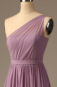 Long One-Shoulder Lilac Chiffon Bridesmaid Dress for Wedding