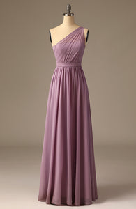 Long One-Shoulder Lilac Chiffon Bridesmaid Dress for Wedding