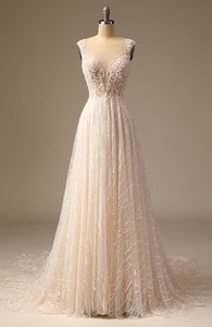 High Quality Sequined Lace A Line Wedding Dress Bridal Gowns with Train