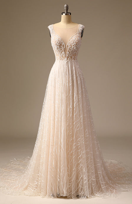 High Quality Sequined Lace A Line Wedding Dress Bridal Gowns with Train