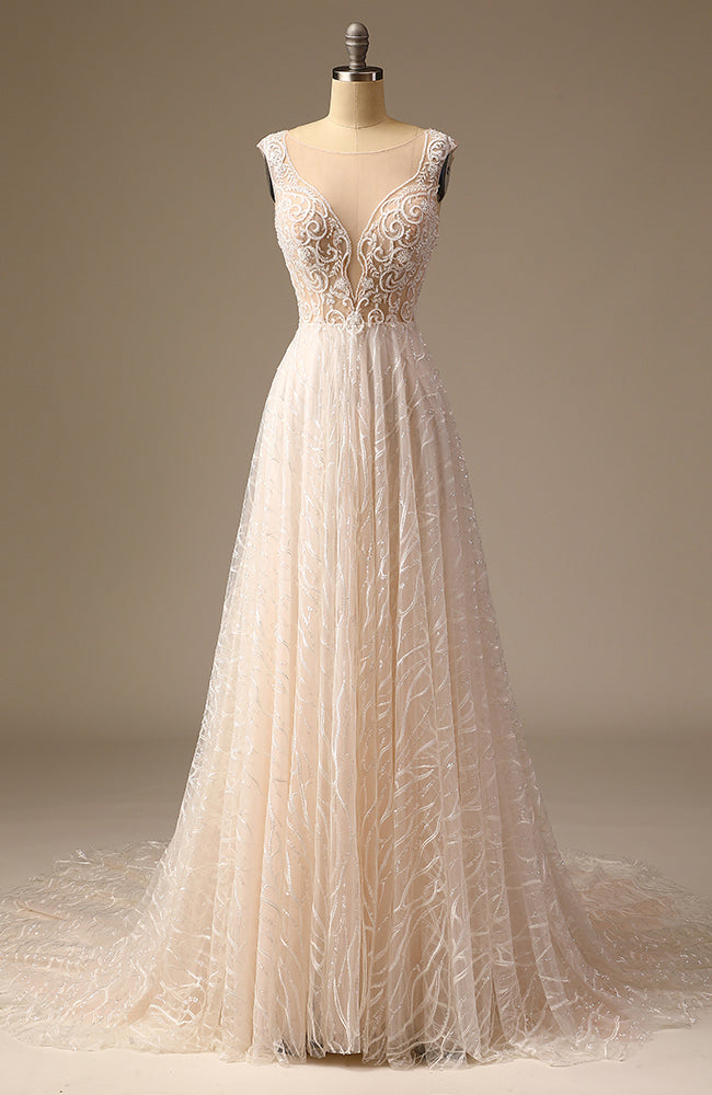 High Quality Sequined Lace A Line Wedding Dress Bridal Gowns with Train