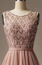 Load image into Gallery viewer, Long Scoop Neck Beaded Blush Lace Evening Dress Luxurious