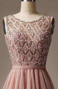 Long Scoop Neck Beaded Blush Lace Evening Dress Luxurious