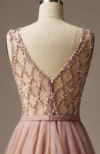 Load image into Gallery viewer, Long Scoop Neck Beaded Blush Lace Evening Dress Luxurious