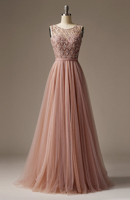 Long Scoop Neck Beaded Blush Lace Evening Dress Luxurious