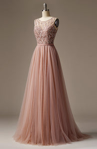Long Scoop Neck Beaded Blush Lace Evening Dress Luxurious