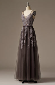 V-Neck Beaded Lace Appliqued Gray Evening Dress Long