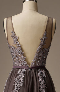 V-Neck Beaded Lace Appliqued Gray Evening Dress Long