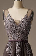 Load image into Gallery viewer, V-Neck Beaded Lace Appliqued Gray Evening Dress Long