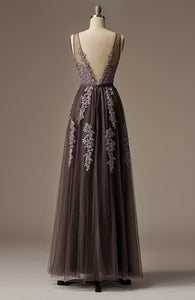 V-Neck Beaded Lace Appliqued Gray Evening Dress Long