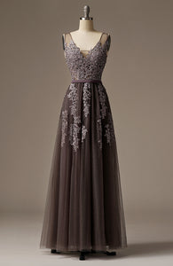 V-Neck Beaded Lace Appliqued Gray Evening Dress Long