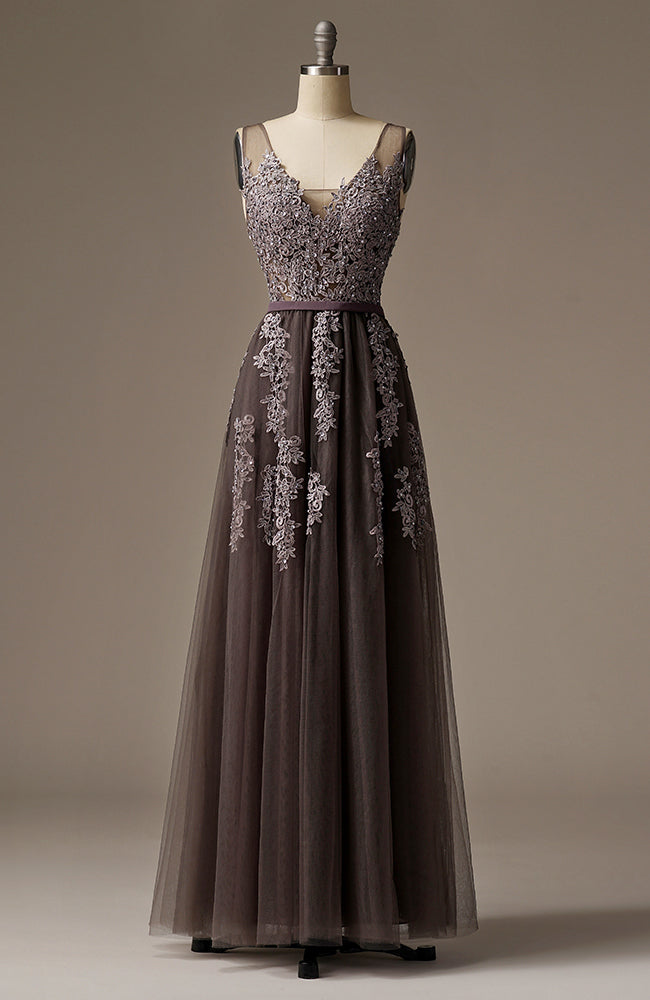 V-Neck Beaded Lace Appliqued Gray Evening Dress Long