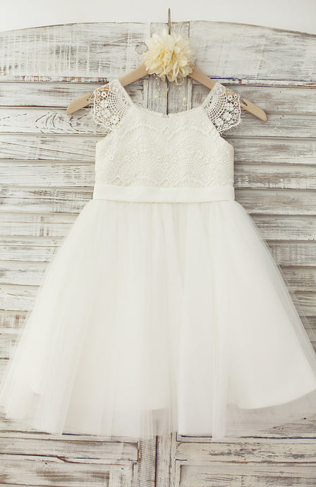 White Lace Appliqued Little Queen Flower Girl Dress for Wedding