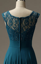 Load image into Gallery viewer, Long Beaded Turquoise Lace Chiffon Bridesmaid Dress for Ladies