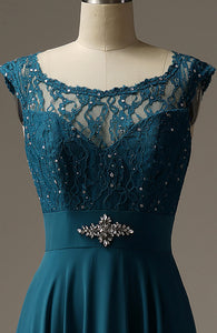 Long Beaded Turquoise Lace Chiffon Bridesmaid Dress for Ladies
