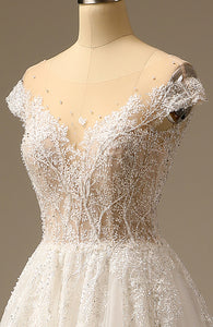 White Beaded A-Line Bridal Wedding Dress with Sweep Train