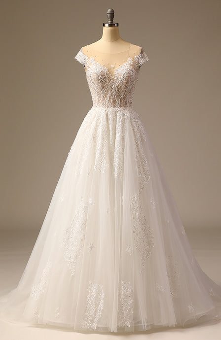 White Beaded A-Line Bridal Wedding Dress with Sweep Train