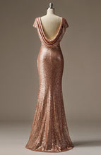 Load image into Gallery viewer, Long Rose Gold Open Back Sequined Mermaid  Evening Gowns for Lady