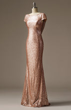 Load image into Gallery viewer, Long Rose Gold Open Back Sequined Mermaid  Evening Gowns for Lady