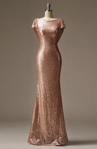 Long Rose Gold Open Back Sequined Mermaid  Evening Gowns for Lady