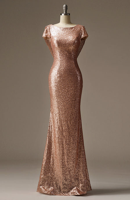Long Rose Gold Open Back Sequined Mermaid  Evening Gowns for Lady