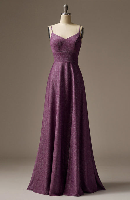 Gorgeous Simple Long Purple Spaghetti Strap Shiny Jersey Evening Dress for Lady