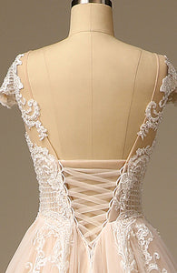 Backless Applique Lace Beaded A-Line Bridal Wedding Dress