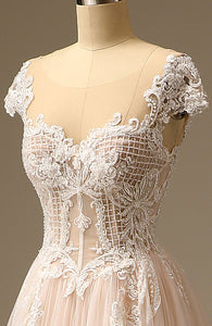 Backless Applique Lace Beaded A-Line Bridal Wedding Dress