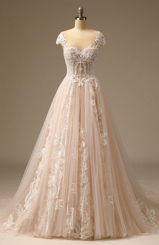 Backless Applique Lace Beaded A-Line Bridal Wedding Dress