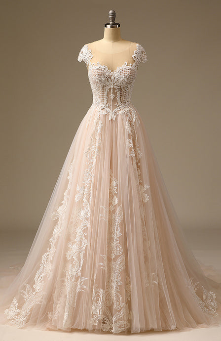 Backless Applique Lace Beaded A-Line Bridal Wedding Dress