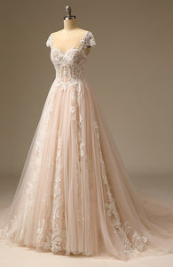 Backless Applique Lace Beaded A-Line Bridal Wedding Dress