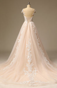 Backless Applique Lace Beaded A-Line Bridal Wedding Dress